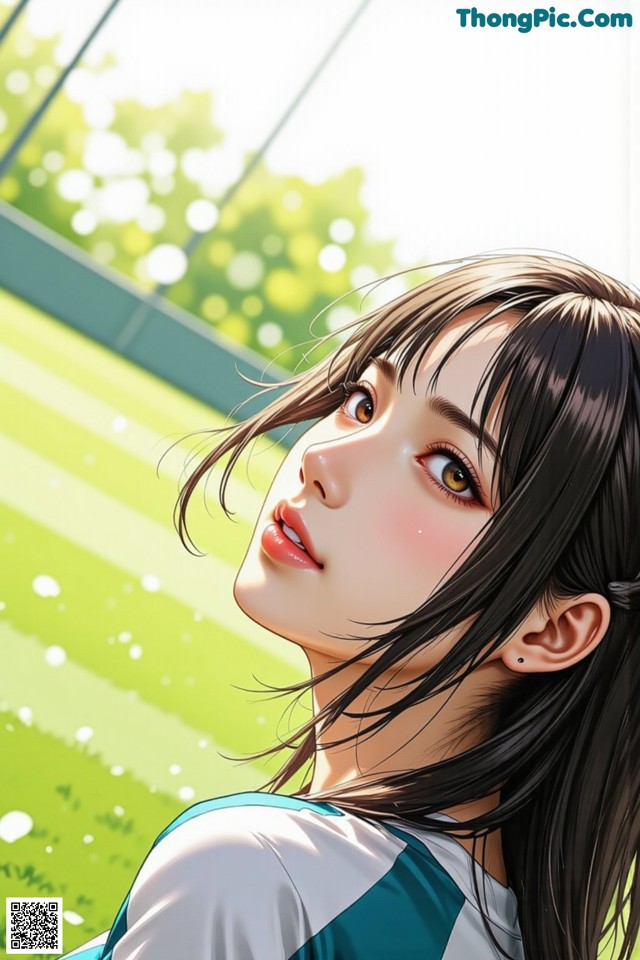A girl with long black hair standing in front of a window.