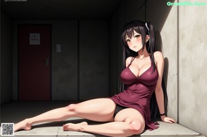 A woman with big tits sitting on the ground.