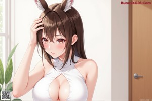 A naked anime girl with big tits sitting on a bed.