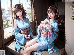 A woman in a blue kimono sitting on a wooden bench.