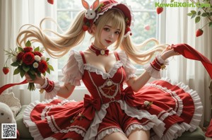 A woman in a red and white dress sitting on a chair.