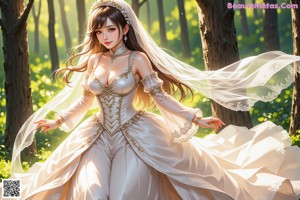 a woman in a wedding dress standing in the woods