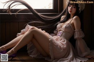 A woman in a dress and bonnet sitting on a window sill.