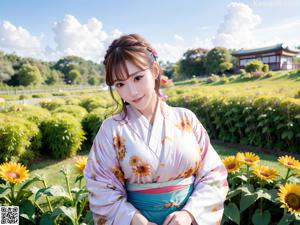 A woman in a blue kimono posing for the camera.