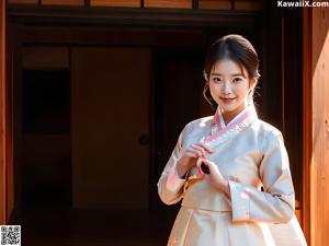 A woman in a blue and pink hanbok standing next to another woman.