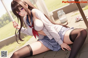 A girl in a school uniform leaning against a wall.