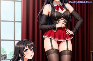 A couple of women standing next to each other in a room.