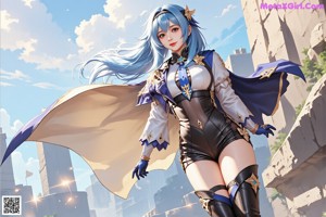 A woman with long blue hair holding a sword.