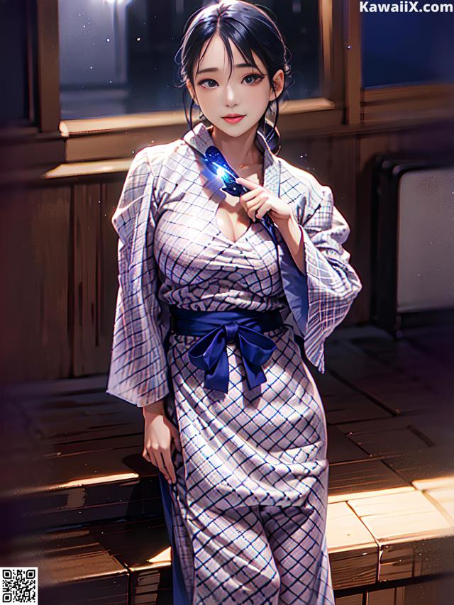 A woman in a kimono holding a cell phone.