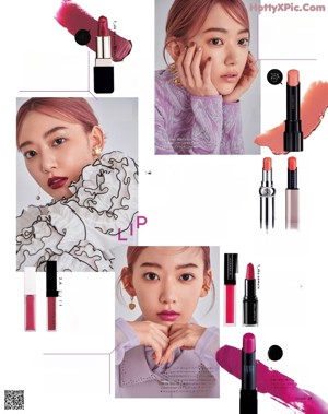 A magazine page with a picture of a woman with makeup products.