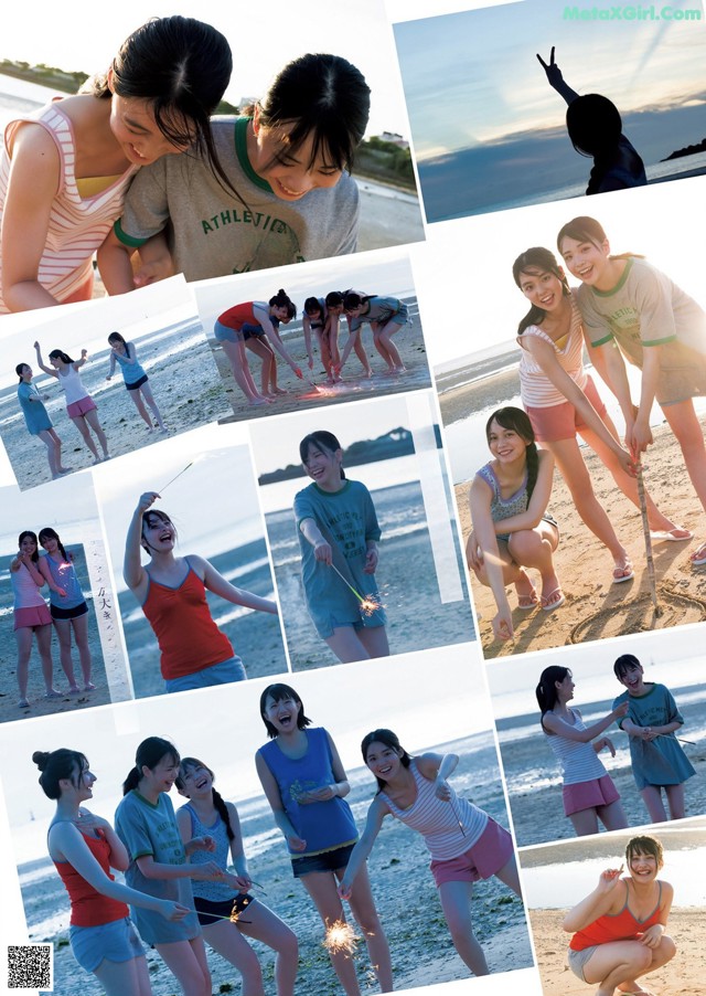 A collage of photos of a group of young people on the beach.