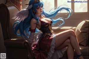 A woman with long gray hair wearing a blue dress.