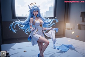 A woman in a blue and white dress with long blue hair.