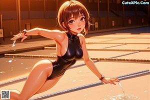 A woman in a brown bikini sitting next to a swimming pool.