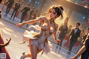 A woman in a black and gold outfit is dancing.