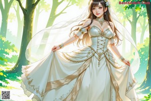 A woman in a long dress standing in the woods.