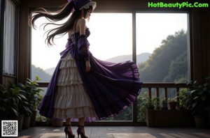 A woman in a purple dress sitting on a bed.