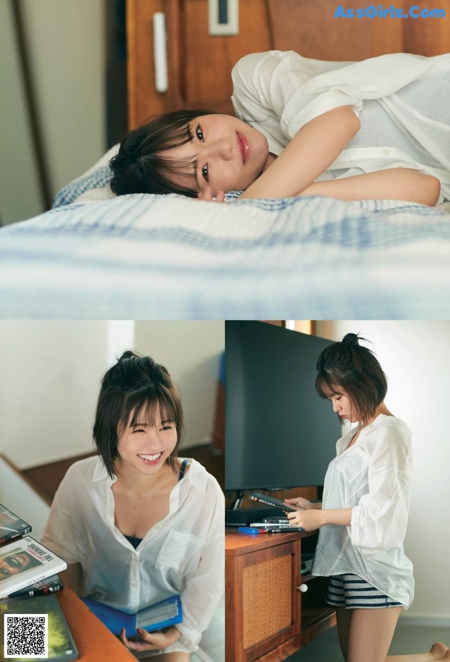 A woman laying on top of a bed next to a television.