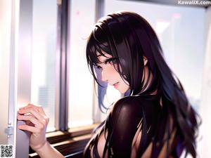A naked anime girl leaning against a pole.