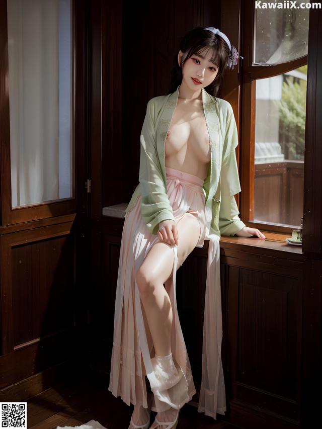 A woman sitting on a window sill next to a window.