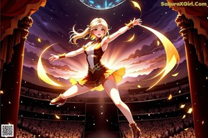 A woman in a black and gold outfit is dancing.