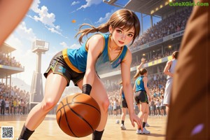 A woman in a blue and white uniform holding a basketball.