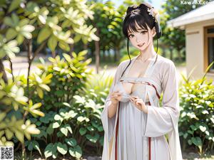 A woman in a white kimono is posing for the camera.