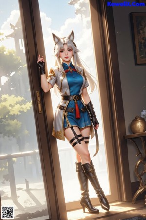 A woman in a bikini with a cat ears on her head.