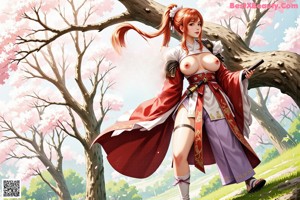 A woman in a traditional outfit holds a sword amidst cherry blossoms.