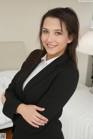 A woman in a blue dress sitting on a red couch.