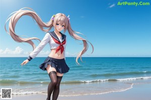 A woman in a school uniform sitting on a rock by the ocean.