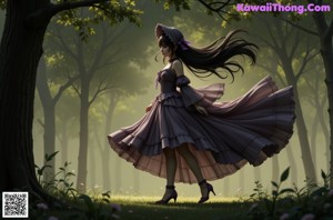 A woman in a dress and hat is running through a field of flowers.