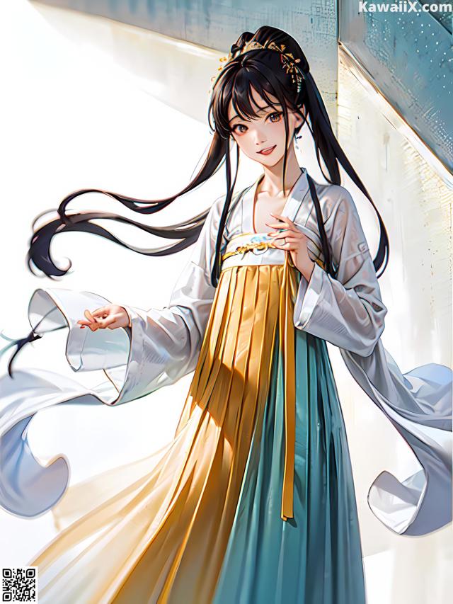 A woman in a blue and yellow dress with long black hair.