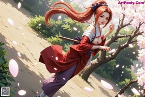 A woman in traditional attire holds a sword amidst cherry blossoms.