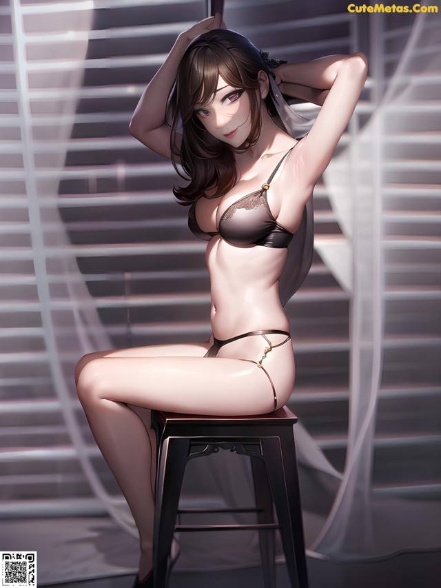 A woman in lingerie sitting on a stool.