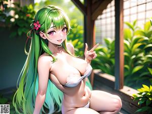 A nude anime girl sitting on a wooden floor next to a window.