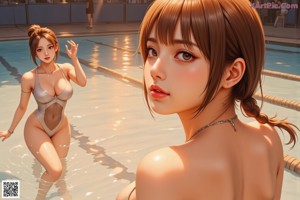 A woman in a black bikini standing in a pool.