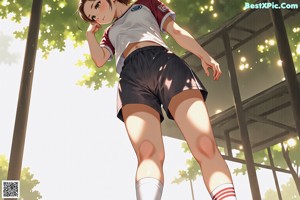 A girl in a white shirt and blue shorts standing under a tree.