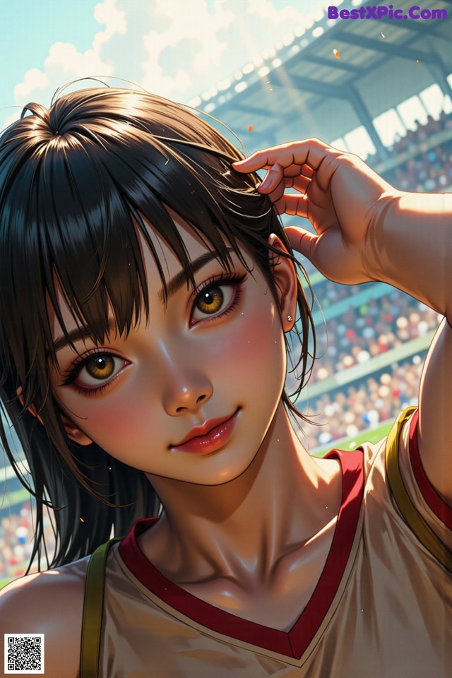 A girl in a baseball uniform standing in front of a stadium.