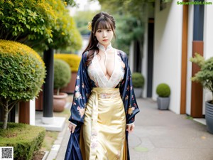 A woman in a white kimono posing for a picture.