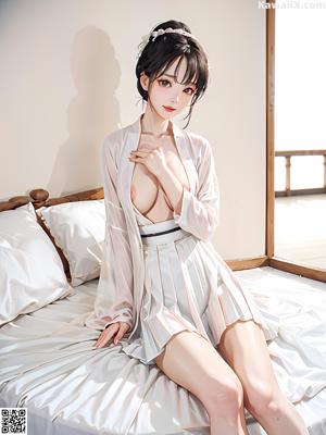 A woman in a blue kimono sitting on a bed.