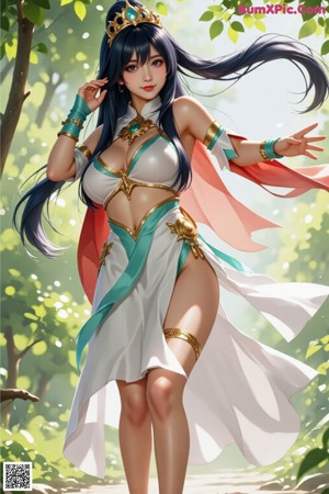 A woman in a white and blue outfit with a red ribbon.