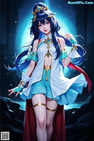 A woman with long black hair wearing a crown and gloves.