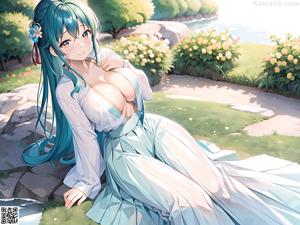 A woman in a blue dress sitting on a wooden bench.